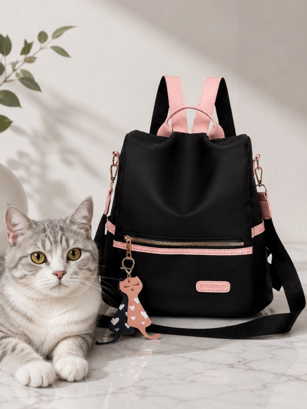 Anti Theft Convertible Nylon Backpack Purse Women Black Pink Cat Charm 3 Way